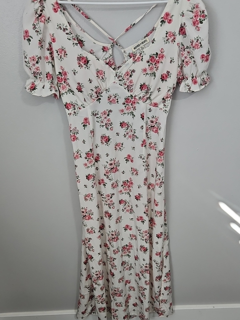 Floral Puff-Sleeve Dress - White with Pink Roses